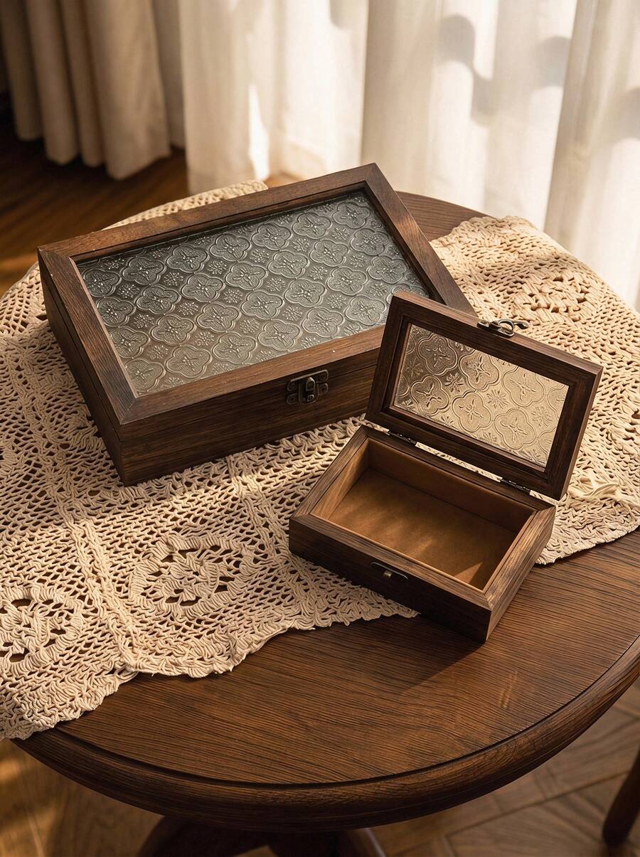 Cirelle 1pc Vintage Wooden Home Decor Storage Box, Women's Makeup & Miscellaneous Items Organizer, Travel Essential, Back To School Gift - Coffee Brown - View 1