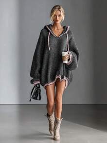 Women's Hooded Drawstring Colorblock Long Sleeve Loose Fit Autumn/Winter Lazy Fashion Casual Mid-Length Knit Pullover, Street Style Outfit - Dark Grey - View 5