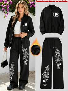 Personalized Custom Women's Zipper Stand Collar Hooded Sweatshirt + Black Wide Leg Sweatpants 2 Pieces Set - Fun Custom Your Logo, Photo, Pattern, Workwear, Ad Number Printing, Pet, Family, Best Friend, Customize Your Exclusive Sweatshirt Set, Upload Your Photo Now - Black - View 1