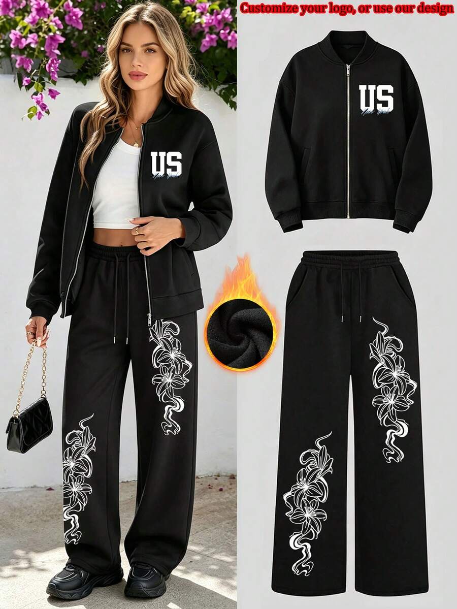 Personalized Custom Women's Zipper Stand Collar Hooded Sweatshirt + Black Wide Leg Sweatpants 2 Pieces Set - Fun Custom Your Logo, Photo, Pattern, Workwear, Ad Number Printing, Pet, Family, Best Friend, Customize Your Exclusive Sweatshirt Set, Upload Your Photo Now - Black - View 1