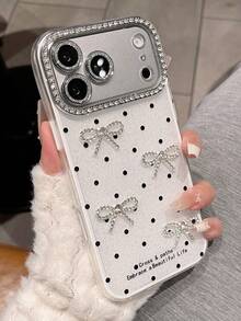 1pc White Sparkling Rhinestone Polka Dot Bow Phone Case, Compatible With IPhone 18 Pro Max, 17, 16 Pro, 15 Pro, 14 Pro, 13, 12, 11, Glitter Camera Protection Cover, Colorful Acrylic Protective Shell - White 3D Bow - View 1