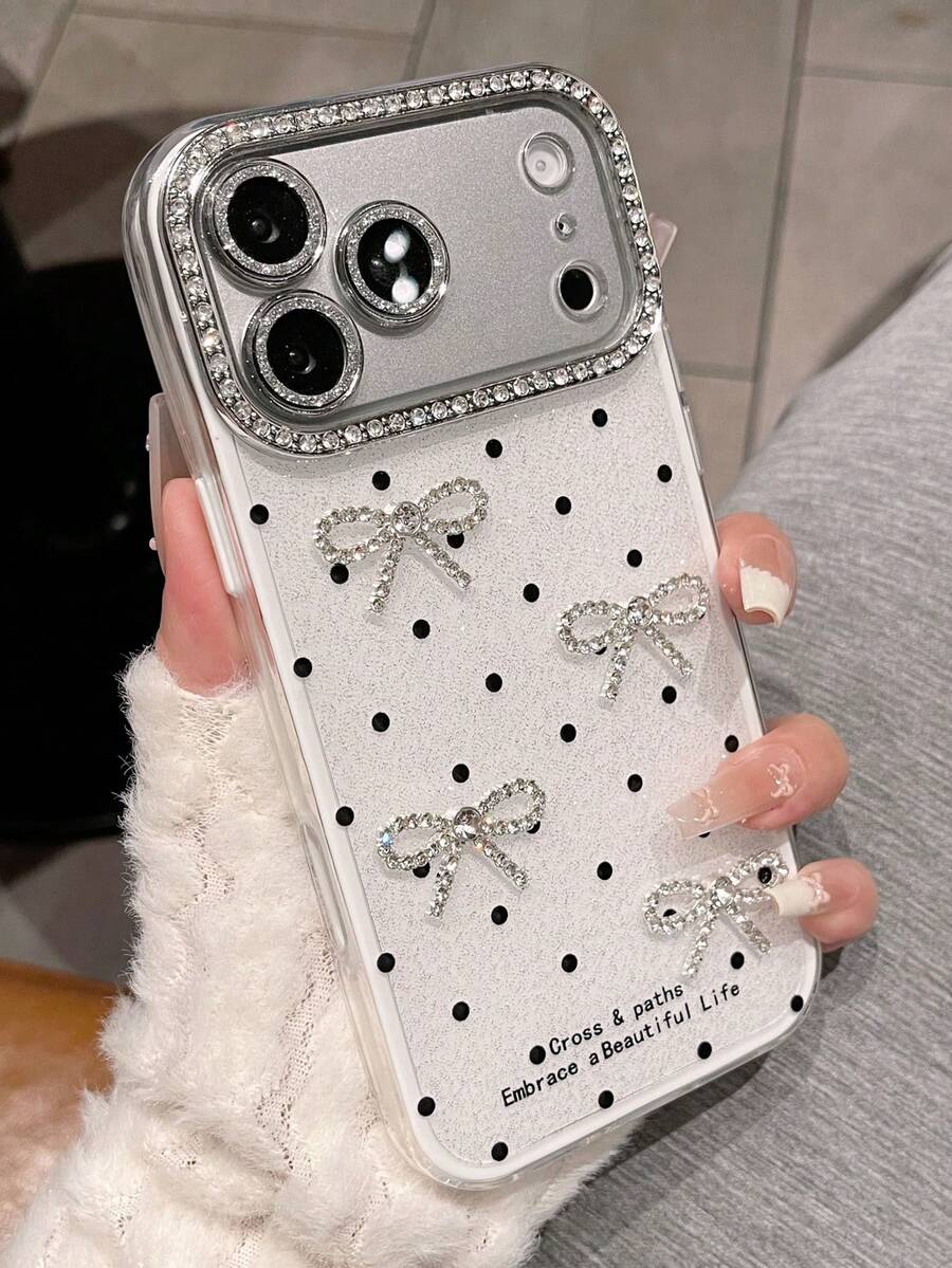 1pc White Sparkling Rhinestone Polka Dot Bow Phone Case, Compatible With IPhone 18 Pro Max, 17, 16 Pro, 15 Pro, 14 Pro, 13, 12, 11, Glitter Camera Protection Cover, Colorful Acrylic Protective Shell - White 3D Bow - View 1
