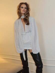 Top Dazzle Sexy & Elegant White Polka Dot Ruched Bodycon Dress With Deep V Neck & Long Sleeves, Perfect For Nights Out - White - View 9