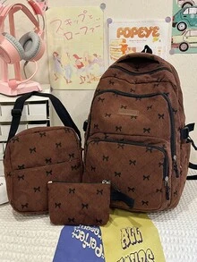 3Pcs Bow Print Corduroy Backpack Set, Large Capacity Student School Backpack With Crossbody Bag & Pencil Pouch For Teen - Multicolor - View 11
