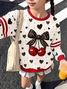 1pc Girls' American Retro Sweet Long Sleeve Pullover, Popular Cherry Leopard Bow Print With All-Over Heart Pattern, Contrast Striped Cuffs, College Style, Comfortable Round Neck Loose Fit, Casual Versatile Tween Girl Top - Apricot - View 2