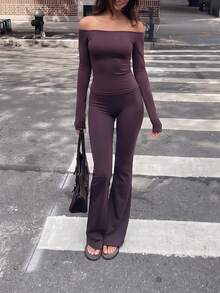 Aoqta Sports Women's Fall Casual Cold Shoulder 2 Pieces Set,Sexy Solid Color Long Sleeve Top & High Waist Slim Fit Flare Pants,For Yoga,Daily Wear - Purple - View 8