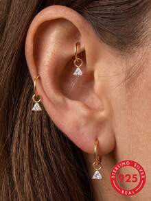 1Pc 925 Sterling Silver Triangle Cut Zirconia Prong‑Set Charm Removable Dangle Pendant For Hoop Earrings Ideal For Casual Party And Holiday Occasions - Gold - View 4