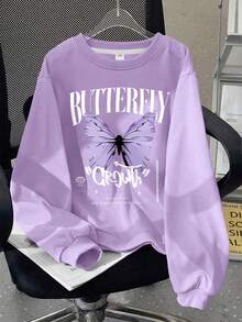 Moderiktig söt minimalistisk sweatshirt med fjärilsprint och rund hals för tonårstjejer, matchad med utsvängda långbyxor, lämplig för vår/höst, skola, semester och olika tillfällen - Mauve Lila - Visa 5