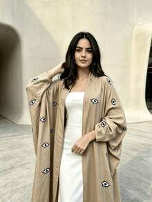 Middle Eastern Fashion Embroidered Cardigan Long Robe Arabian Dress White Linen Outerwear Women's Clothing Fall - Khaki - View 4