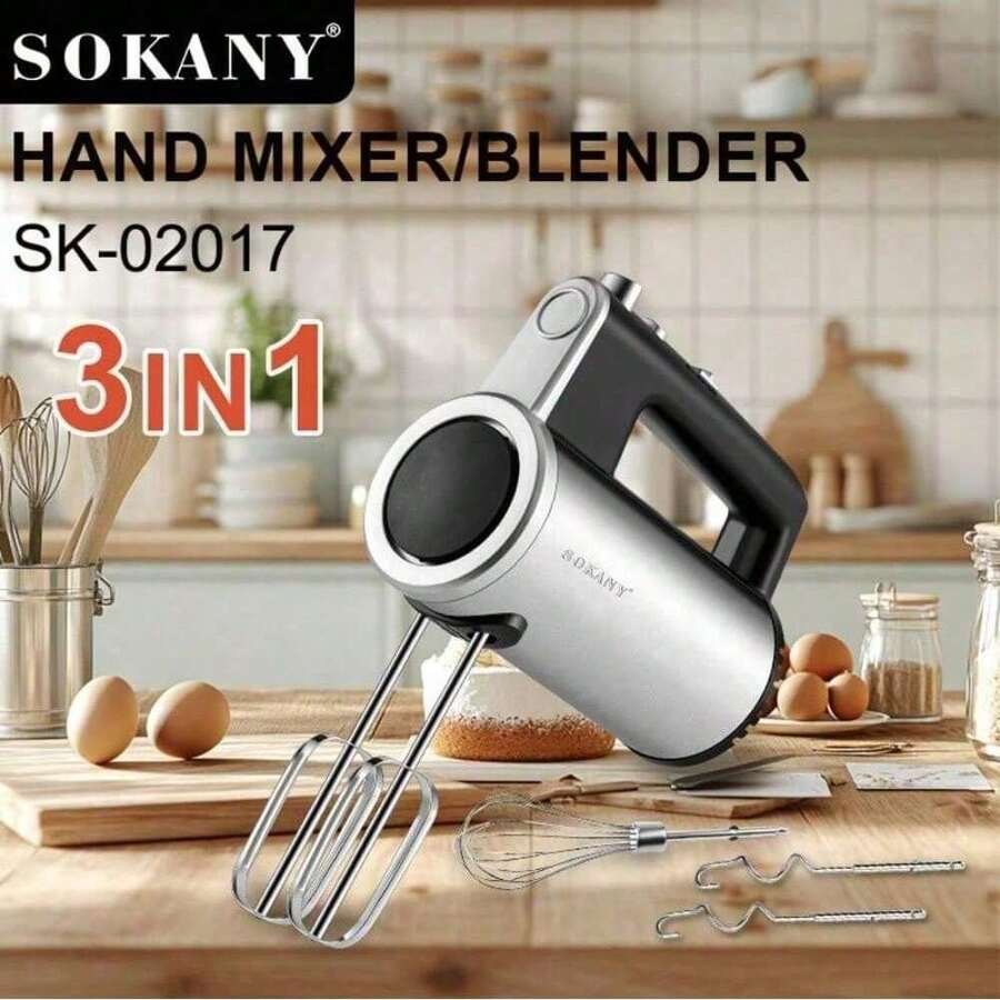SOKANY 02017 800W 3-In-1 Food Processor, Combines Hand Mixer And Blender, 5 Speed Settings, Quickly Whip Cream, Egg Whites, Knead Dough, 304 Stainless Steel Beaters Easy To Clean, Essential Kitchen Tool For Daily Cooking And Baking - Silver - View 1