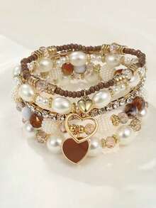 5pcs Pearl & Crystal Beaded Bracelet Set, Fashion Multi-Layer Wrist Bracelets - A - View 1