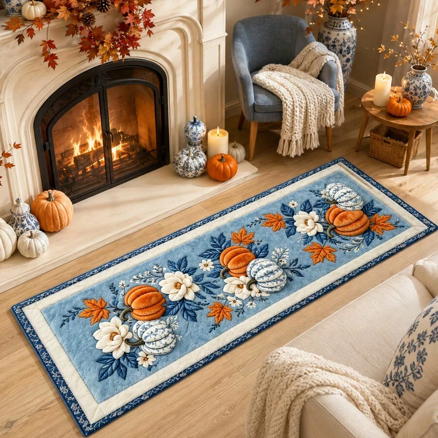 1pc Vintage Autumn Long Hallway Runner Rug, Harvest Orange And Blue-White Pumpkin Maple Leaf Floral Print Plush Carpet, Faux Cashmere Material, Suitable For Bathroom, Kitchen, Entryway, Hallway, Bedside, Living Room, Bedroom, Machine Washable, Non-Slip Backing, Halloween Decor, Bathroom Accessories, Room Decoration, Autumn Decor - Multicolor - View 1