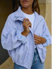 Women's Vintage Plaid Zipper Flight Jacket, Loose Fit Stand Collar Street Style Autumn Outerwear - Blue - View 10