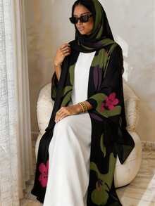 Women Abstract Print Open Front Abaya+Hijab Long Sleeve Maxi Outerwear, Modest Loose Fit Abaya - Multicolor - View 4
