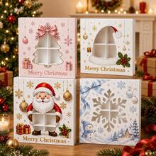 4pcs/1pc Merry Christmas Window Slot Layered Cupcake Cookie Candy Packaging Box, Santa Claus Reindeer Snowflake Gift Box - Multicolor - View 3