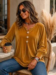 Women's Plus Size Notch Neck Button Front Blouse, Long Sleeve Loose Fit Soft Velvet Touch Casual Fall Top - Yellow - View 3