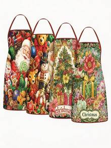 2/4pcs Christmas Apron With Christmas Tree And Santa Claus Pattern. Suitable For Kitchen Cooking, Festivals And Parties. It's Also A Great New Year Gift To Give To Friends. - Multicolor - View 1