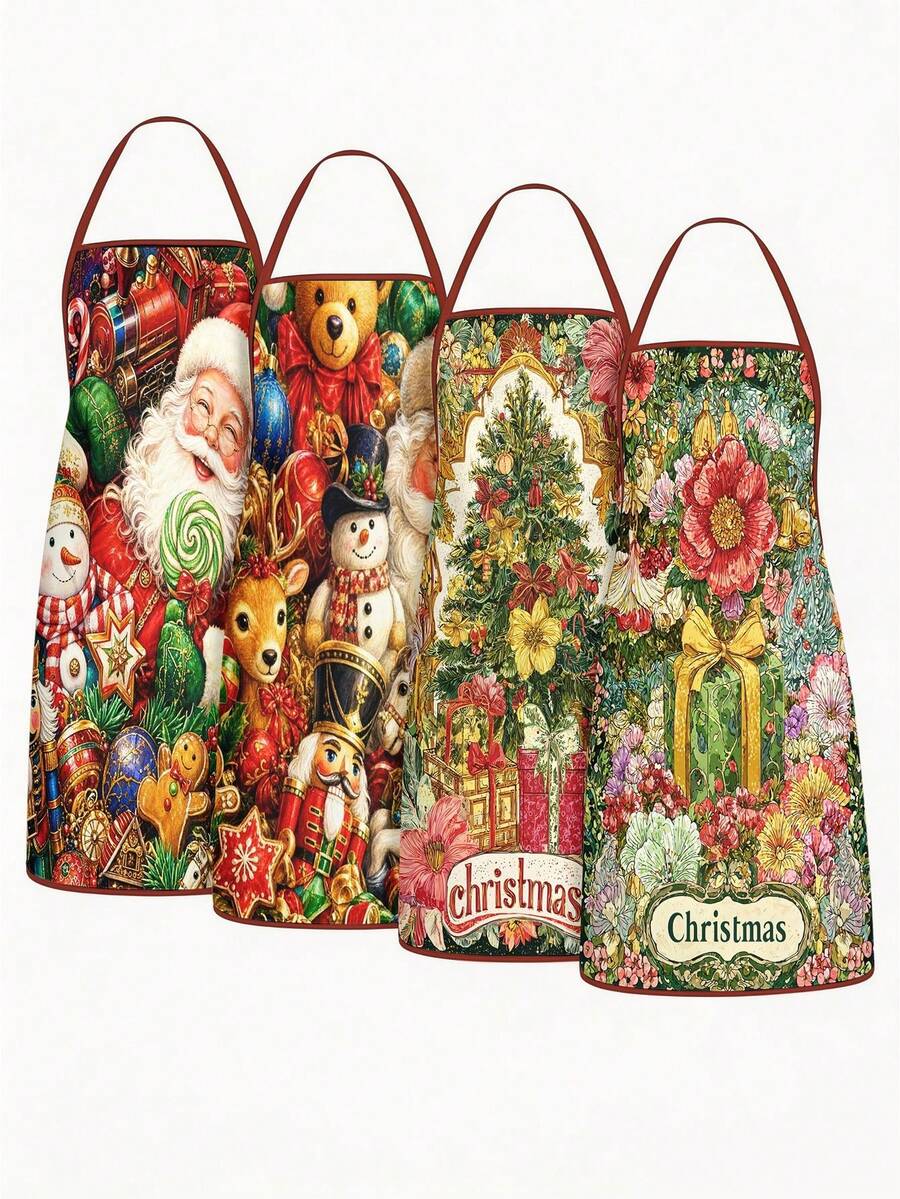 2/4pcs Christmas Apron With Christmas Tree And Santa Claus Pattern. Suitable For Kitchen Cooking, Festivals And Parties. It's Also A Great New Year Gift To Give To Friends. - Multicolor - View 1