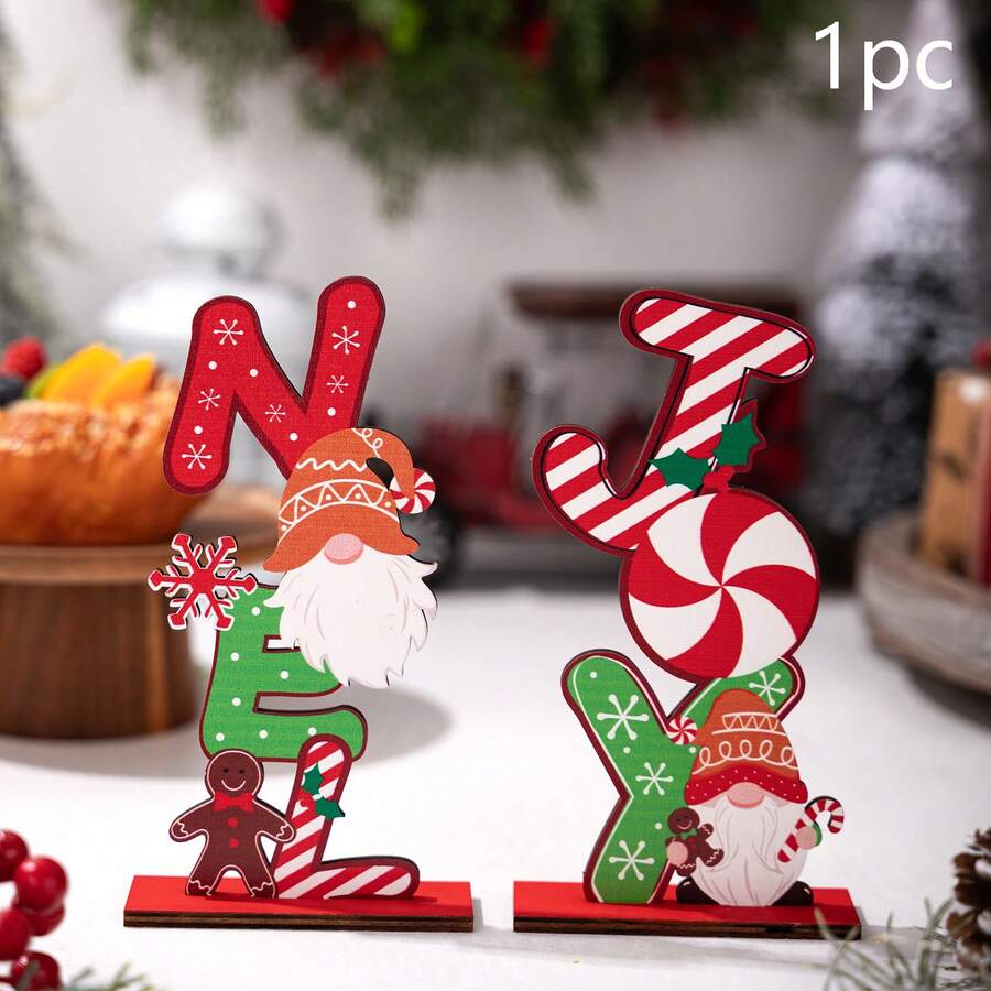 1pc Christmas Wooden Ornament, Gingerbread Man Candy Wooden Letter Decoration, Suitable For Home, Office Desk, Holiday Decor, Christmas - A - View 1