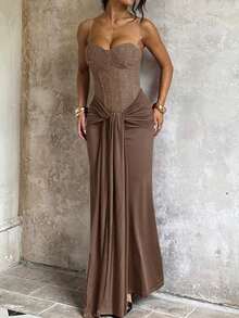 Elegant Strapless Twisted Waist Beach Dress For Summer Party, Luxury Evening Gown, Suitable For Wedding, Homecoming, Birthday, Vacation, Holiday - Khaki - View 4