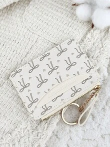 Pink Bow Print Chain Keychain Wallet Compact Purse With Zipper Multiple Card Slots Coin Cash Compartment Unisex Daily Use Travel Gifting Card Holder - Light Grey - View 3