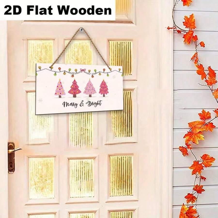 2D Flat Wooden Printed Hanging Sign, Bright Christmas Merry Wooden Hanging Decor Board With Pink Christmas Tree And Bow Light Elements, Delicate Texture, Exquisite Design, Suitable For Home, Room, Office Wall Decoration, Full Of Atmosphere, Practical And Beautiful Holiday Decorative Sign - 1PC - View 1