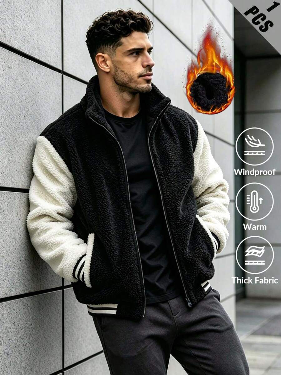 Unisex Colorblock Plush Fleece Jacket, Full Zip Front, Ribbed Cuffs And Hem Details, Black And White Colorblock Design, Loose Fit Sports Jacket - Black - View 1