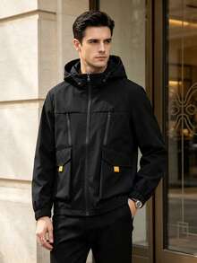 Men's Drawstring Hooded Utility Jacket, Full Zip Multi-Pocket, Yellow Contrast Strap Decor, Lightweight Outdoor Commuter Coat - Black - View 1
