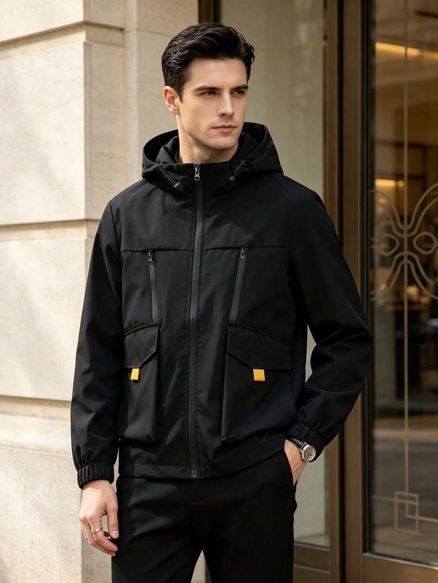 Men's Drawstring Hooded Utility Jacket, Full Zip Multi-Pocket, Yellow Contrast Strap Decor, Lightweight Outdoor Commuter Coat - Black - View 1