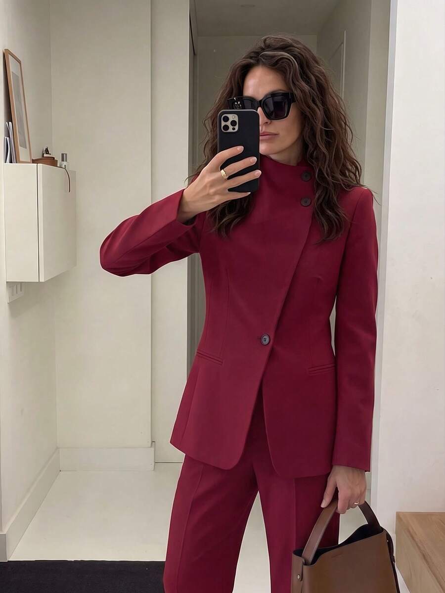 Blazer Wanita Kerah Tinggi Kancing Tunggal Potongan Slim Fit, Jaket Jas Lengan Panjang Warna Polos Potongan Slim Fit - Merah - View 1
