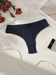 3pcs Solid Color Lace Patchwork Bow Ribbed Cotton Women's Thong - Multicolor - View 3