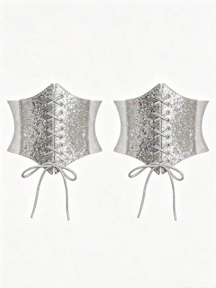 1pc Women's Renaissance Costume, Silver Glitter Elastic Waist, Suitable For Outfit Matching, Halloween - Silver - View 12