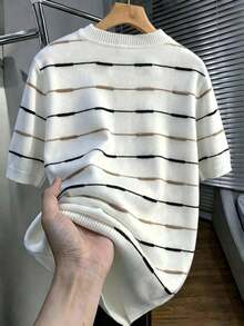 Men's Summer Round Neck Knit Sweater Short Sleeve Striped Colorblock Casual Versatile - White - View 2