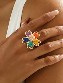 1pc Bohemian Vacation Style Hollow Raffia Woven Flower Open Ring, Suitable For Women Beach Vacation Daily Outfit Matching Versatile Accessory - Color - View 1