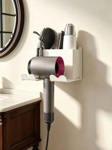 Cute Optional Rabbit Decor Included Wall Mounted No Drill Self‑Adhesive Hair Dryer Holder, Space‑Saving Bathroom Storage Organizer Rack, Multifunctional Shelf For Combs Toiletries Hair Care Tools, Ideal For Home Bathroom Hotel Apartment Dormitory - Multicolor - View 3