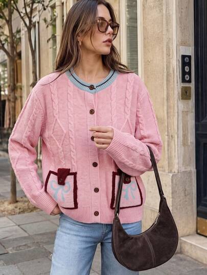 JIANHU Pink Bow Pocket Cardigan - Autumn/Winter