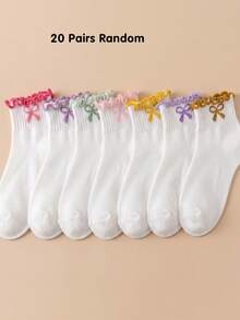 5/10/20 Pairs Random White Girls Butterfly Embroidery Bow Ruffle Socks, Back To School Season Big Girls Autumn Socks, Daily Wear, Halloween, Christmas - Multicolor - View 19