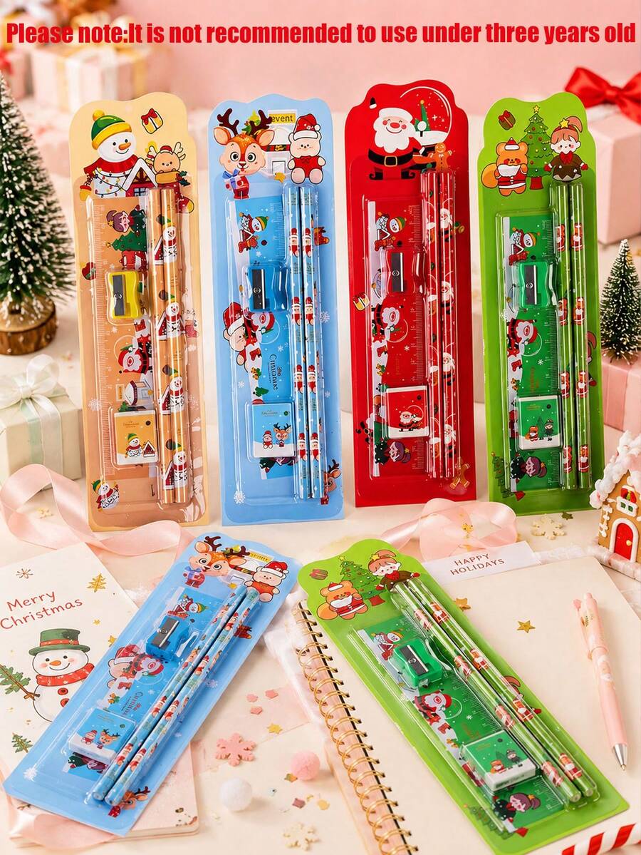 8 Sets Christmas Pencil Drawing 5-In-1 Eraser Pencil Stationery Combo Prize Christmas Gift, Multi-Functional Pencil, Ruler And Eraser School Set, All-In-One Stationery Bag, School Supplies, Birthday And Holiday Gift, Back To School Essential - Holiday Gift Competition Prize Reward (Random Color) - Multicolor - View 1