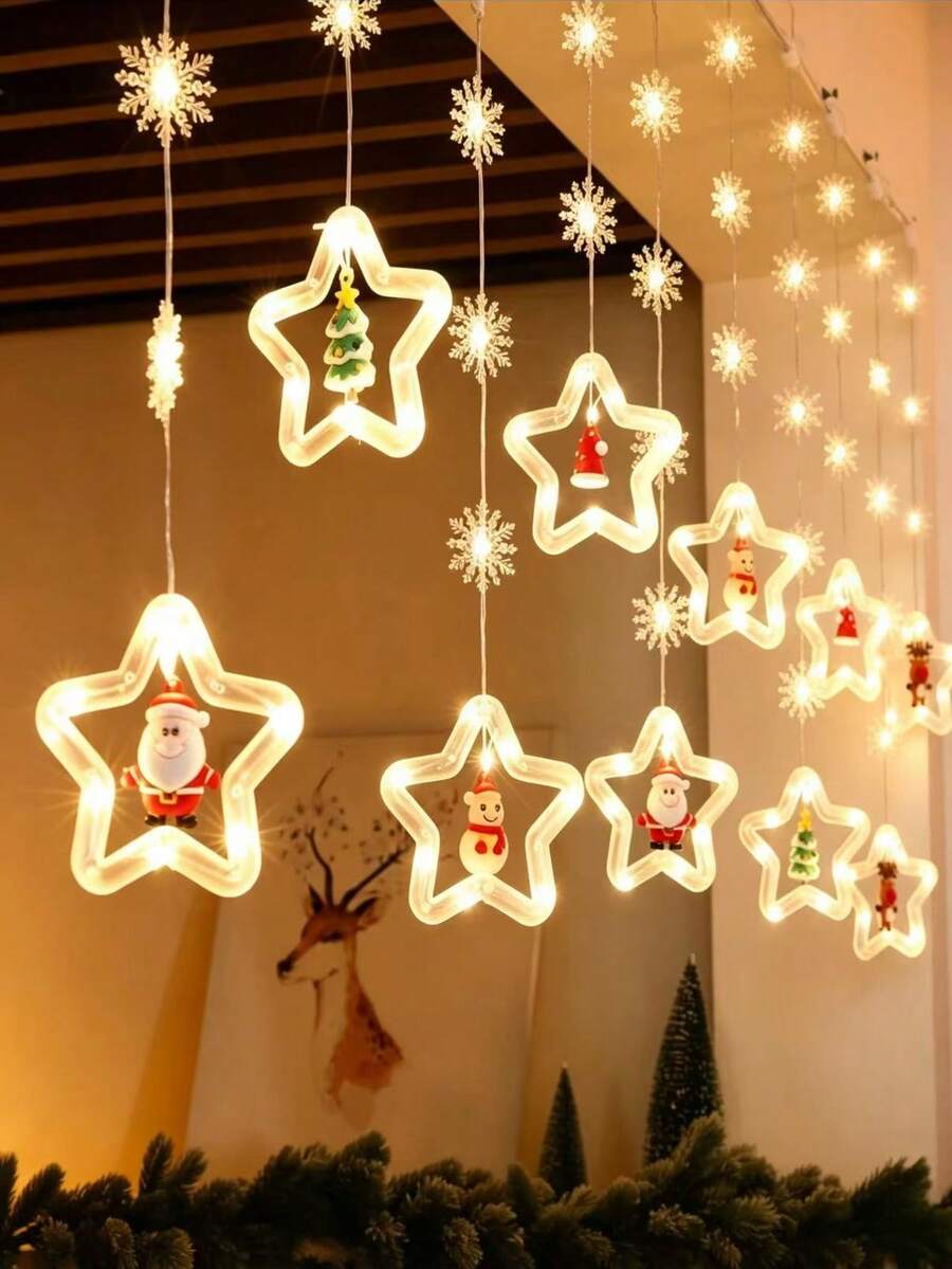 [Christmas LED Curtain Lights]USB Powered, 8 Flashing Modes, DIY Snowflake Wish Light, With Button Control, Flashing Yellow Light, Suitable For Holiday Decoration - Applicable For Christmas, Halloween, Thanksgiving, New Year, Christmas LED Light Curtain Set, Elegant Style, Button Control, Plastic Material, Santa Claus, Reindeer, Snowman And Christmas Tree Patterns, Suitable For Home, Bedroom And Party Decoration