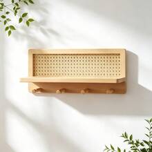 Wooden Wall-Mounted Storage Shelf With Woven Decoration And Hooks - Wooden Shelf, Key Holder With Storage, Wall-Mounted Organizer With 4 Hooks, Suitable For Entryway, Hallway, Kitchen, Office - Rustic Home Decor, Easy To Install, PE Rattan Wall-Mounted Coat Rack With 4 Hooks, Decorative Coat Rack With Floating Shelf, Suitable For Entryway, Living Room, Kitchen, Hallway, Bedroom And Office - Standard - View 2