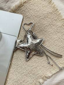 1pc + Silver Pentagram Heart Key Pendant, Glossy PU Pentagram Accessory With Heart Metal Clasp And Braided Hanging Rope Design, Suitable For Bag Decoration, Key Charm, Daily Matching, Can Hang Keys, Bags, Suitable As Christmas Gift, Mother's Day Gift, Birthday Gift, Birthday Surprise - Silver - View 5