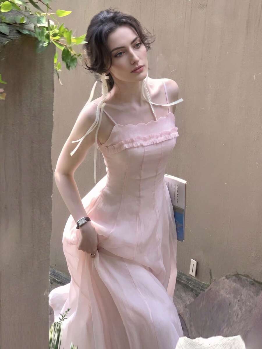 春夏新款嬰兒粉色荷葉邊抹胸洋裝,修身A字仙女風海灘穿搭,適合婚禮派對秋季 - 淺粉色 - 查看 1