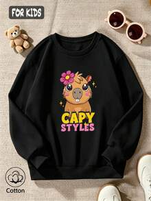 Girls' Cotton Top, Printed, Comfortable, Relaxed-Fit Dropped-Shoulder Sweatshirt, Round-Neck Oversized Sweatshirt - Black - View 3