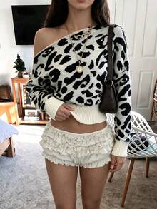 Elestia Women's Chic Elegant Leopard Print Off-Shoulder Pullover, Casual Y2k School Streetwear Outing Vacation Music Festival Sweater, Fall Winter - Multicolor - View 3