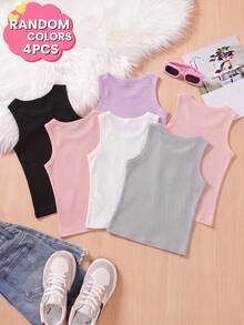4 piezas de camisetas sin mangas acanaladas de colores aleatorios para niñas, camisetas básicas sin mangas de unicolor, top casual de verano para uso diario - Multicolor - Ver 2