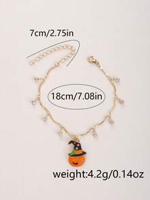 1pc Halloween Pumpkin Witch Hat Dangle Rhinestone Bracelet Adjustable Gold Wavy Chain Party Jewelry - Gold - View 2