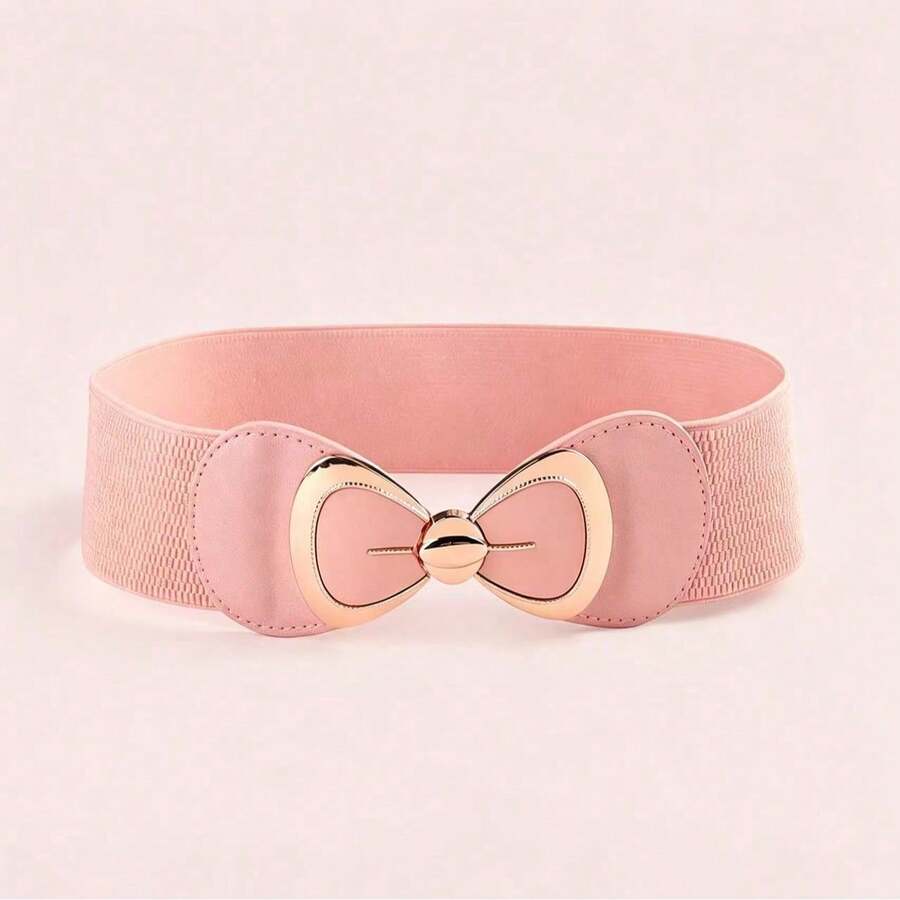 1PC Women Fashion Elastic Decor Waist Belt, Wide Bow Metal Buckle Corset Belt, Gift For Girlfriend For Wedding Banquet Spring Summer Dress Outfit