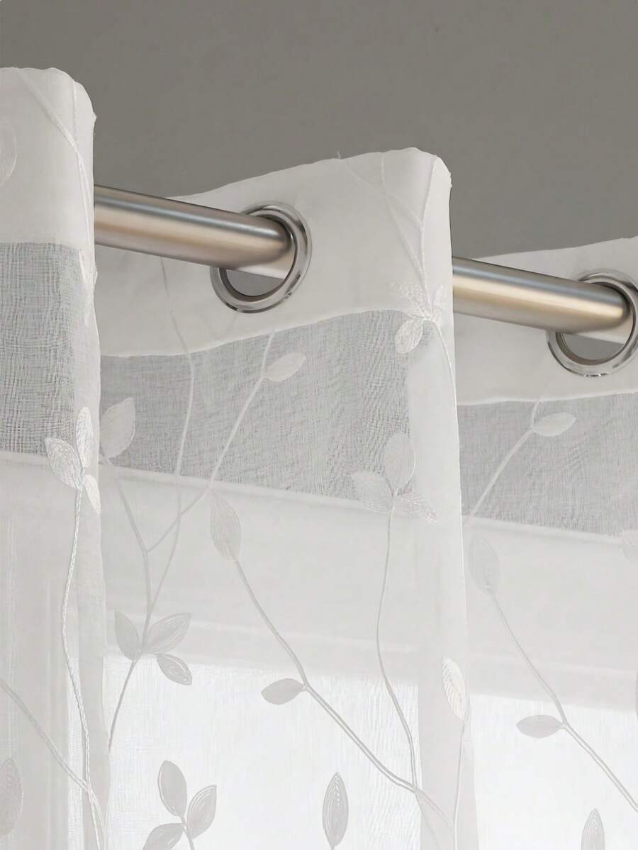 1 pieza Cortina estilo bohemio, de poliéster semitransparente y ligera, con diseño bordado de hojas, apropiada para sala de estar, dormitorio, estudio, comedor, decoración del hogar, con ojales superiores para una instalación fácil - Blanco - Ver 1