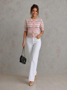 Women's Round Neck Short Sleeve Multi-Color Knit Top - Multicolor - View 4