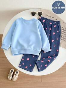 Tween Girl Casual Bowknot Minimalist Print Crew Neck Sweatshirt & Heart All-Over Print Loose Wide Leg Pants 2-Piece Set, Suitable For Spring/Autumn, School, Shopping And Sports - Baby Blue - View 3